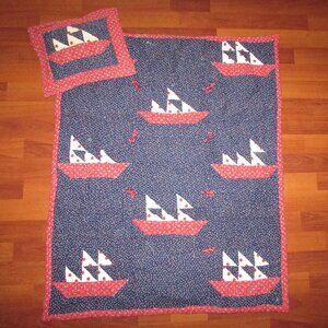Handmade Sailboat Baby Quilt & Pillow – Vintage Cotton
